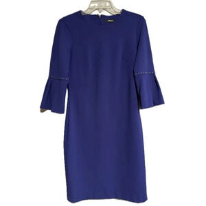 DKNY Blue Purple Knee Length Dress with Pleated Sleeves and Stud Detail